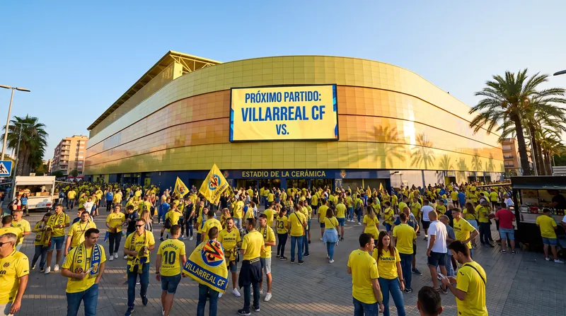 Exterior view of the Estadio de la Ceramica with fans gathering on a sunny matchday.
