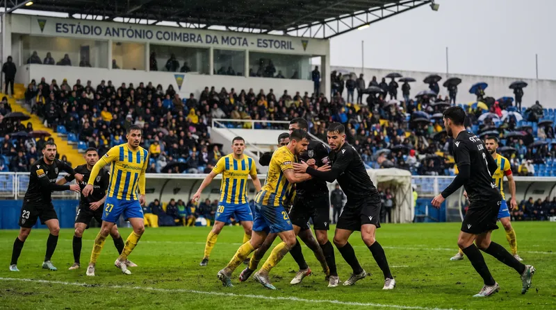 Soccer players from Estoril Praia and Casa Pia competing for the ball on the pitch during a Primeira Liga match.