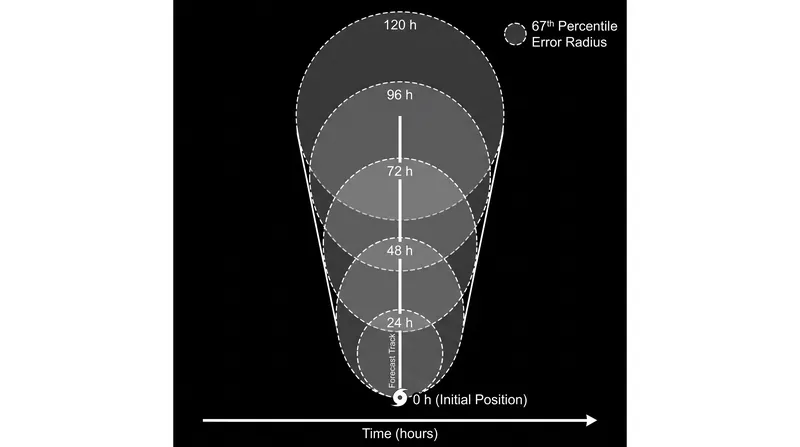 The cone represents a hard mathematical boundary containing 67% of historical track errors over the previous five years.