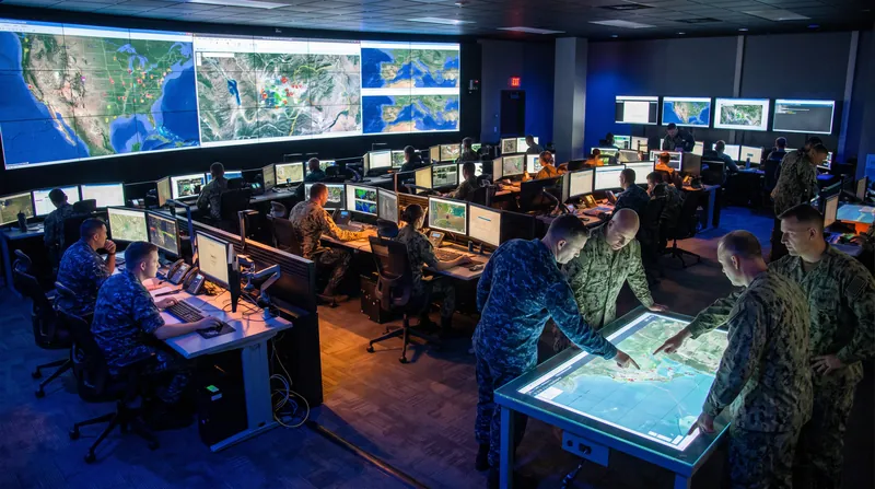 Military personnel in uniform working at computer terminals in a command center with large digital maps.