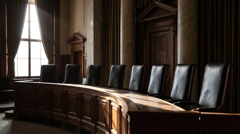 The empty wooden bench and nine leather chairs of the United States Supreme Court courtroom.