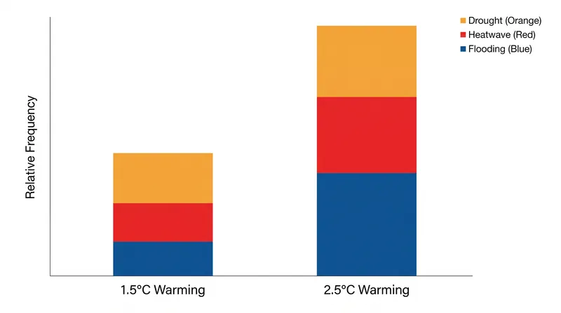 NASA data indicates that climate hazards begin to compound and overlap significantly beyond two degrees of warming.