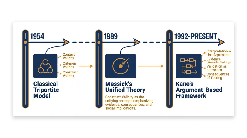 Validity theory has evolved from isolated statistical checks to unified, argument-based frameworks.