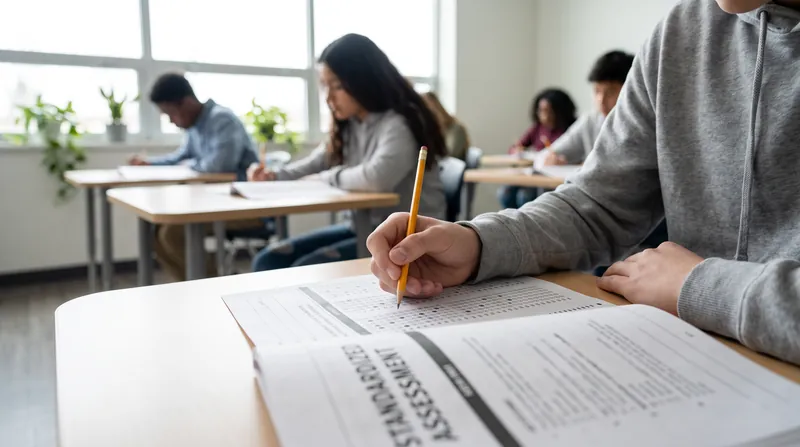 A close-up view of a student's hand filling in a bubble sheet with a pencil during a standardized test.