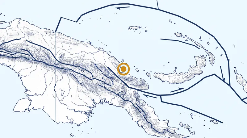 The epicenter was located 49 kilometers north-northeast of Kainantu, inland from the northern seaboard.