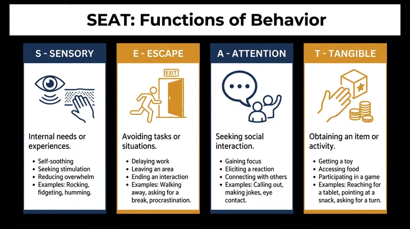 The SEAT framework categorizes all behavior into four functional needs.
