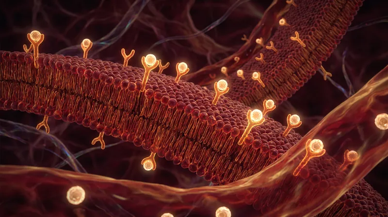 Microscopic view of Y-shaped LDL receptors on a liver cell surface catching spherical cholesterol particles.