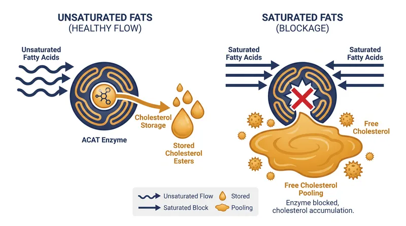 Saturated fats are poor substrates for the ACAT enzyme, causing free cholesterol to pool and block the SREBP-2 pathway.
