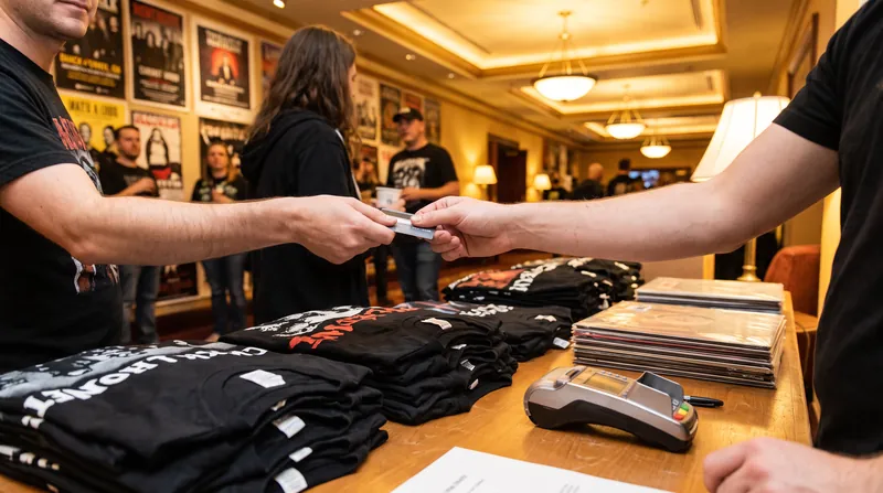 A fan purchasing a black t-shirt with a credit card at a brightly lit concert merchandise table.