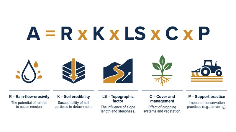 The USLE multiplies six distinct variables to calculate the long-term average annual soil loss.
