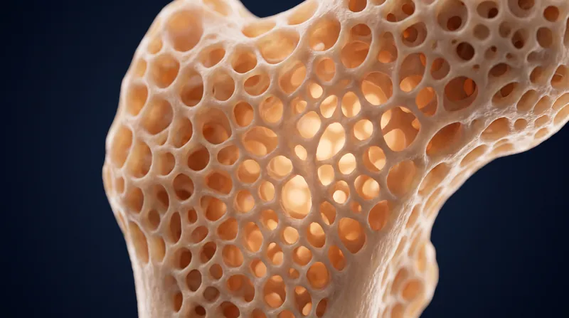Microscopic view of the porous, web-like structure of human bone matrix glowing in amber light.