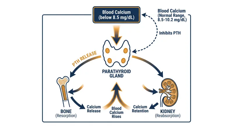 Parathyroid hormone (PTH) acts rapidly on bones and kidneys to restore blood calcium levels.