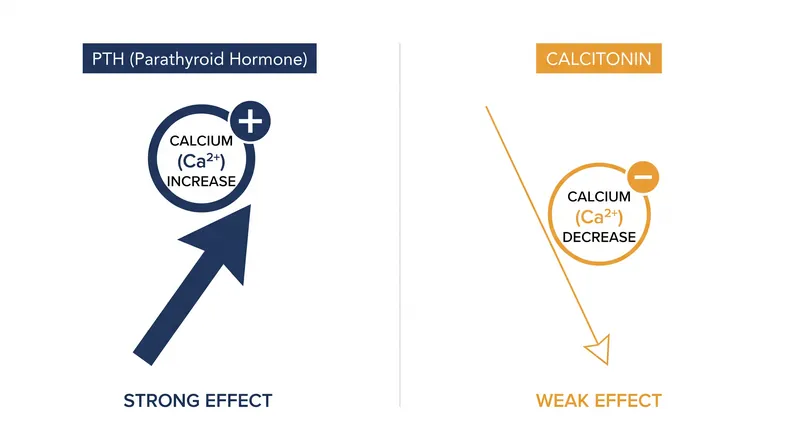 While calcitonin can lower blood calcium, its physiological effect in adult humans is minor compared to the powerful upward drive of PTH.