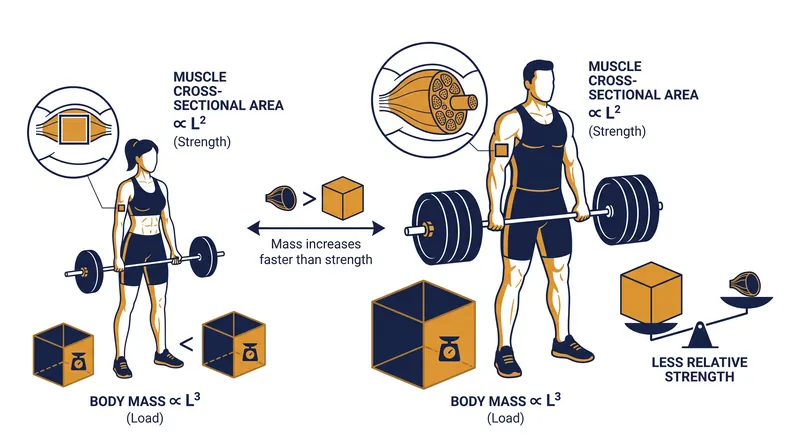 Because muscle cross-sectional area does not scale linearly with body mass, a straight body-weight ratio unfairly favors lighter lifters.