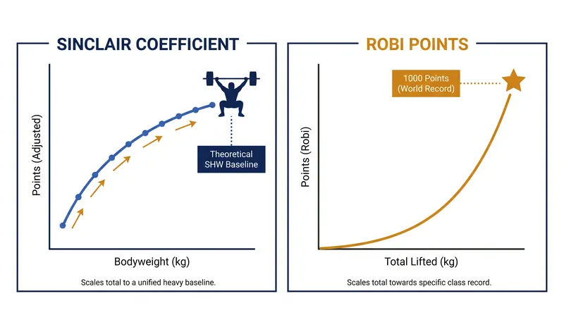 While Sinclair scales all lifters against a theoretical super-heavyweight, Robi points measure athletes against the world record in their specific class.