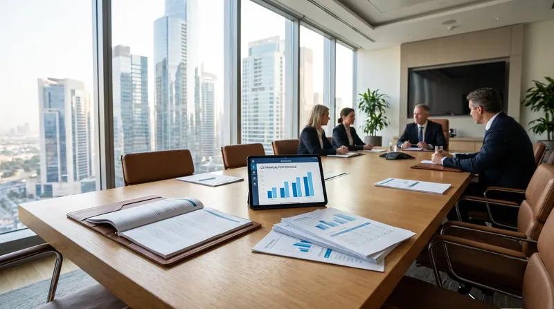 A corporate boardroom table covered in financial documents and a tablet displaying charts, overlooking a city skyline.