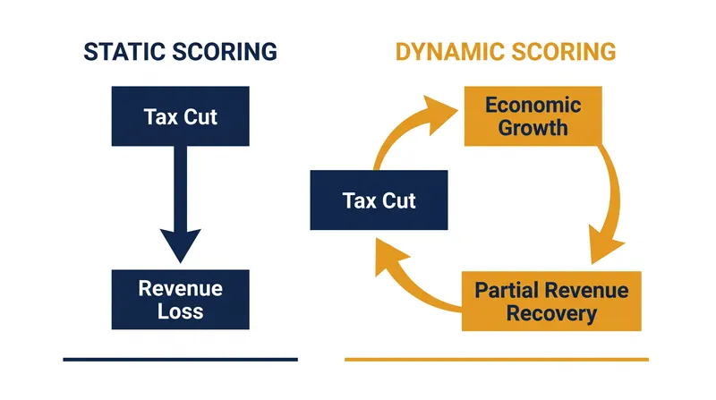 Static scoring assumes a fixed economy, while dynamic scoring attempts to calculate macroeconomic feedback.