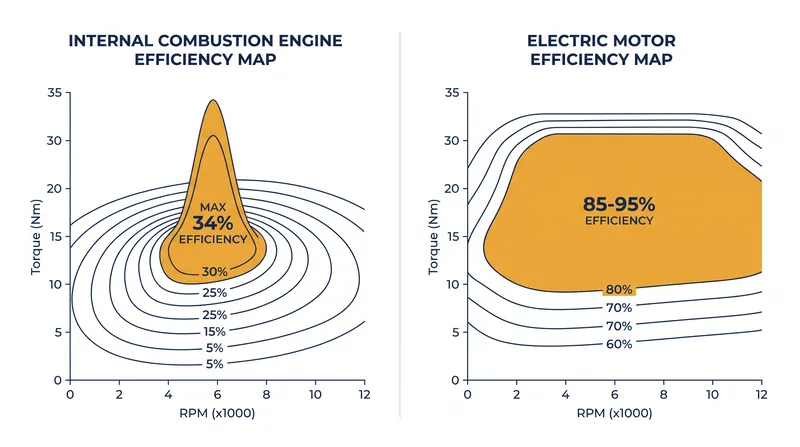 While a combustion engine requires a specific RPM to reach peak efficiency, an electric motor maintains high efficiency across a vast operating range.