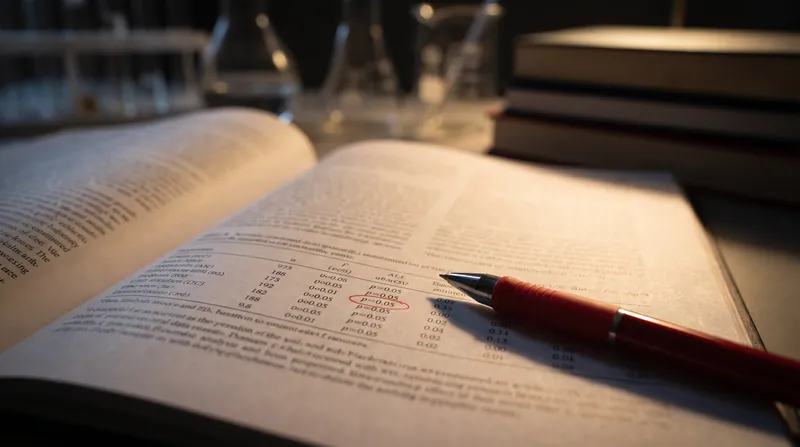A close-up of a scientific research paper with a red pen circling a p-value of 0.05.