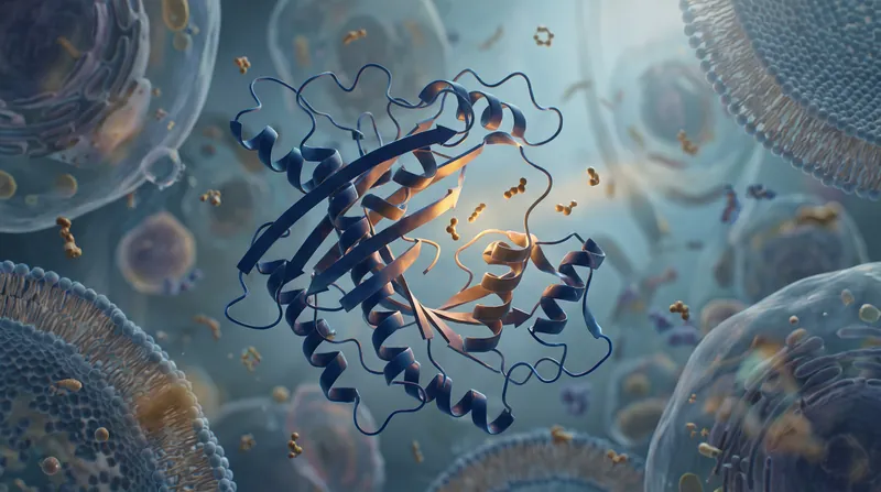 A 3D molecular render showing a complex folded protein enzyme surrounded by water molecules.