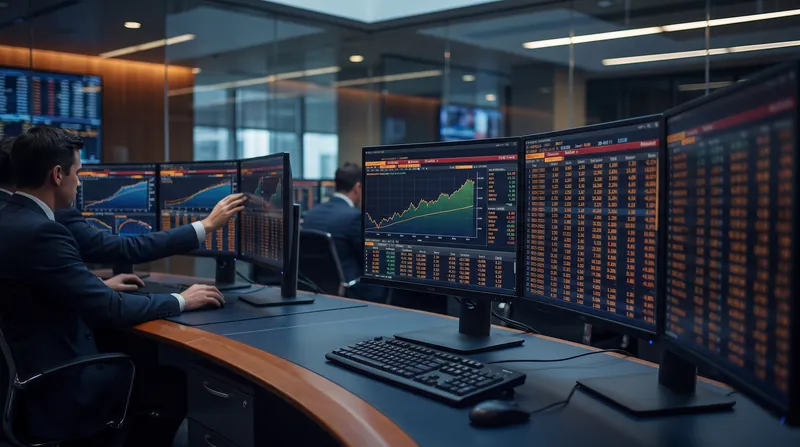 Multiple glowing computer monitors displaying financial charts and yield curves on an institutional trading desk.