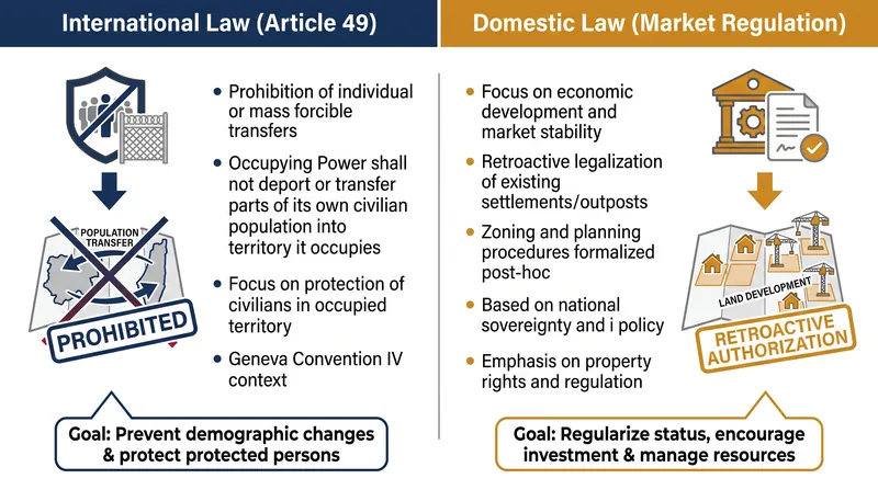 The structural divergence between international and domestic legal frameworks applied to the territory.