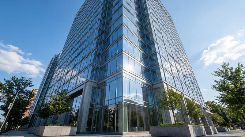 A low-angle view of a modern glass commercial skyscraper reflecting the sky.