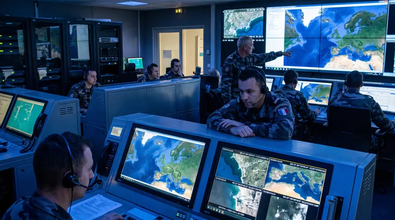 French military personnel in uniform monitoring digital displays and satellite feeds inside a command center.
