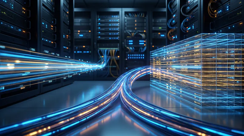 A conceptual visualization of a glowing data stream splitting into a fast, narrow path and a wide, layered storage block.