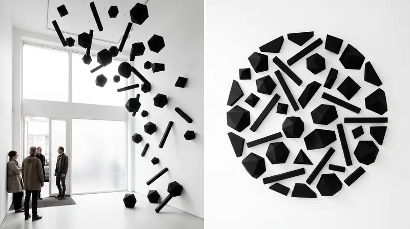 A geometric art installation featuring scattered black shapes that form an optical illusion of a sphere.