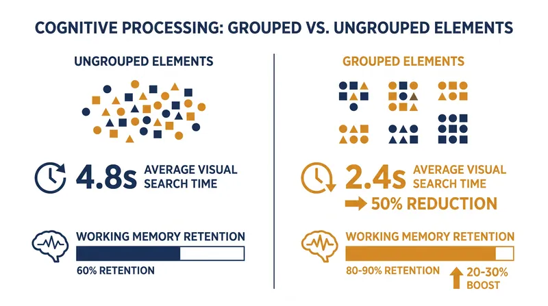 Properly applying Gestalt principles like proximity and similarity drastically reduces cognitive load.