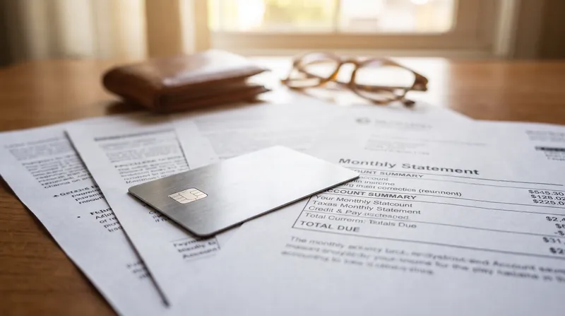 A close-up view of a physical credit card resting on top of a printed monthly financial statement.