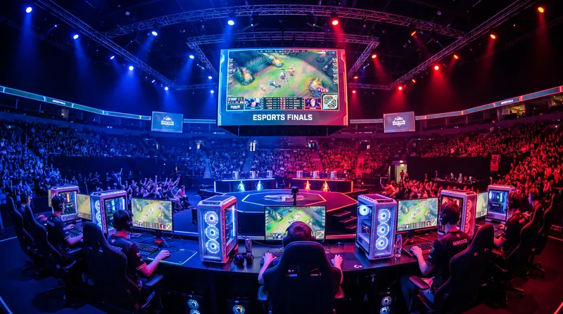 A brightly lit esports tournament stage featuring computer setups for competitive gaming.