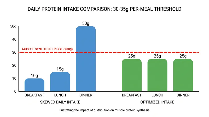 Because aging muscles experience anabolic resistance, protein must be distributed evenly to hit the synthesis threshold at each meal.