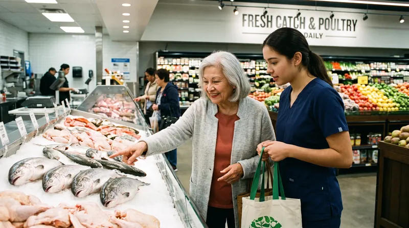 An older adult and a caregiver looking at fresh food options in a brightly lit grocery store aisle.