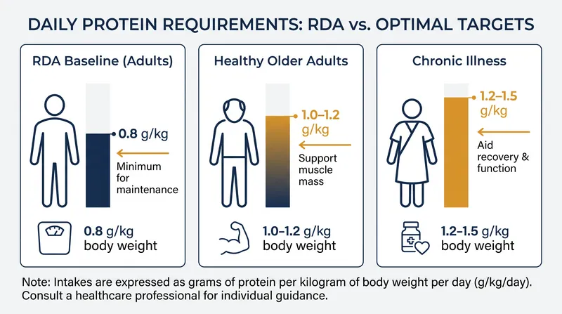 Clinical consensus recommends significantly higher daily protein intake for older adults than the standard US RDA.