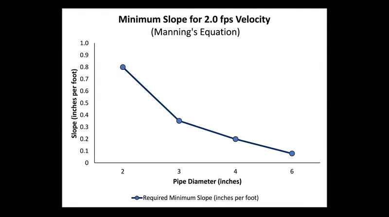Larger diameter pipes require less slope to achieve self-cleaning velocity due to the increased volume and hydraulic radius of the water they carry.