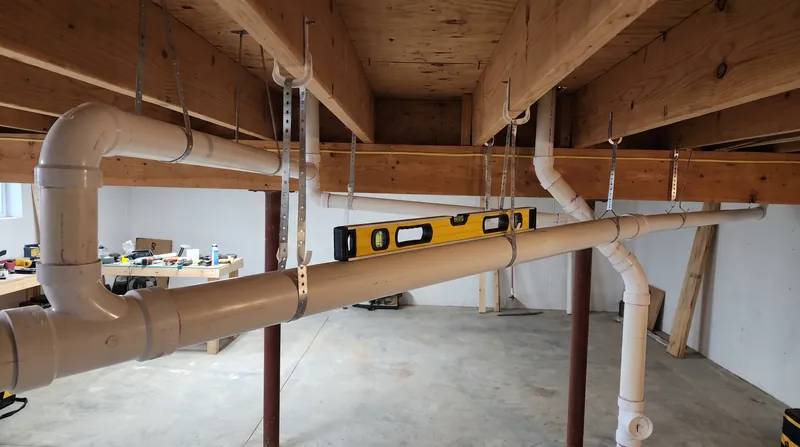 White PVC drain pipes suspended from wooden floor joists with a torpedo level resting on top to measure the downward pitch.