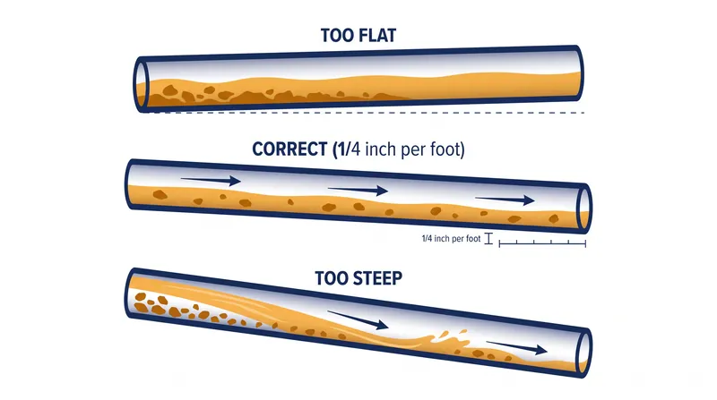 Pipes pitched too steeply allow water to outrun solid waste, leading to blockages just as quickly as pipes pitched too flat.