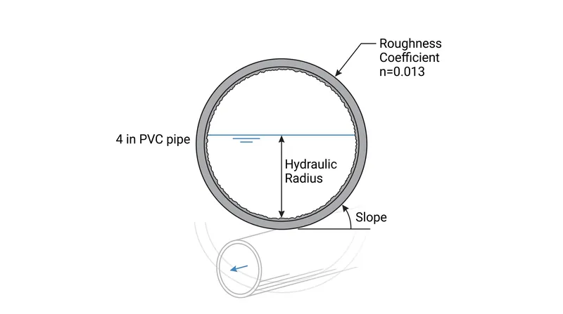 Manning's equation calculates fluid velocity by factoring in the pipe's smoothness, the depth of the water, and the gravitational angle.