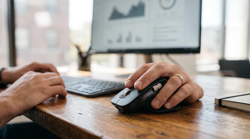 A close-up view of a person's hand resting on a white computer mouse on a wooden desk.