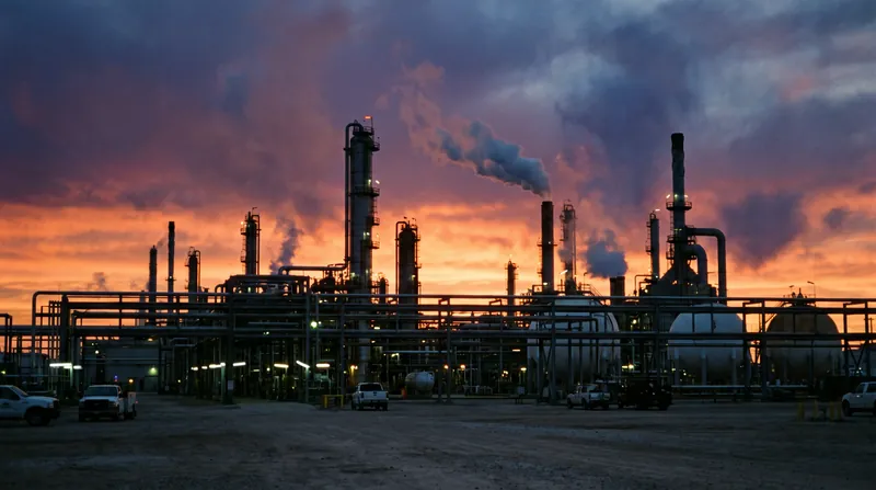 A large industrial oil refinery with distillation towers and complex piping silhouetted against a sunset sky.