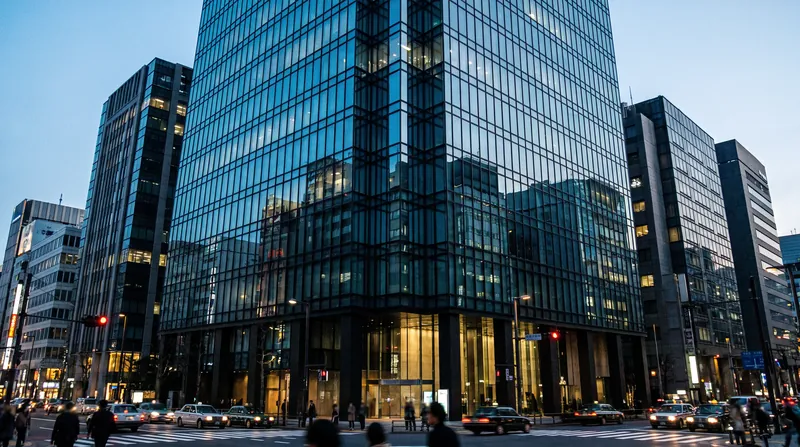Low-angle view of the glass facade of the SoftBank headquarters building in Tokyo reflecting city lights at dusk.