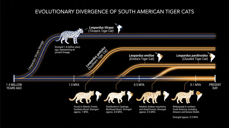 Genomic sequencing reveals the tilcayo lineage separated from other tiger cats roughly 1.4 million years ago.