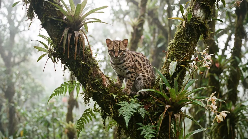 A small, light brown wild cat with dark rosettes sitting on a mossy branch in a forest.