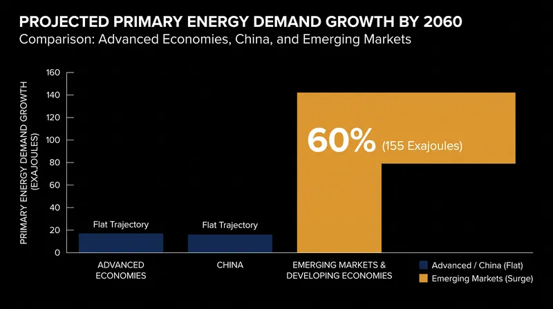 S&P Global projects that advanced economies will see flat energy demand, while emerging markets add the equivalent of another China to the global grid.