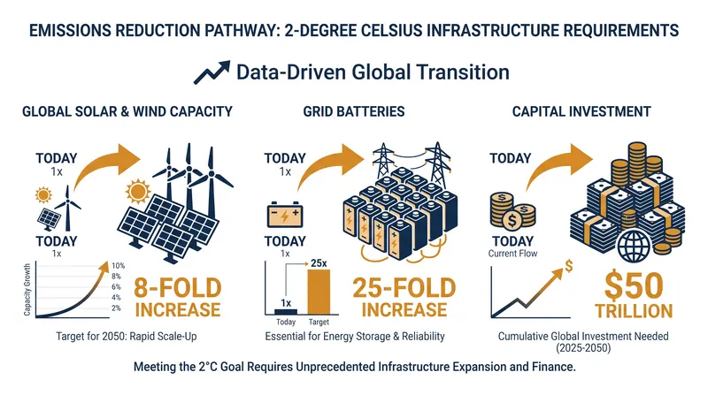 Achieving a 2-degree warming limit requires $50 trillion in grid investments and an unprecedented expansion of renewable capacity.