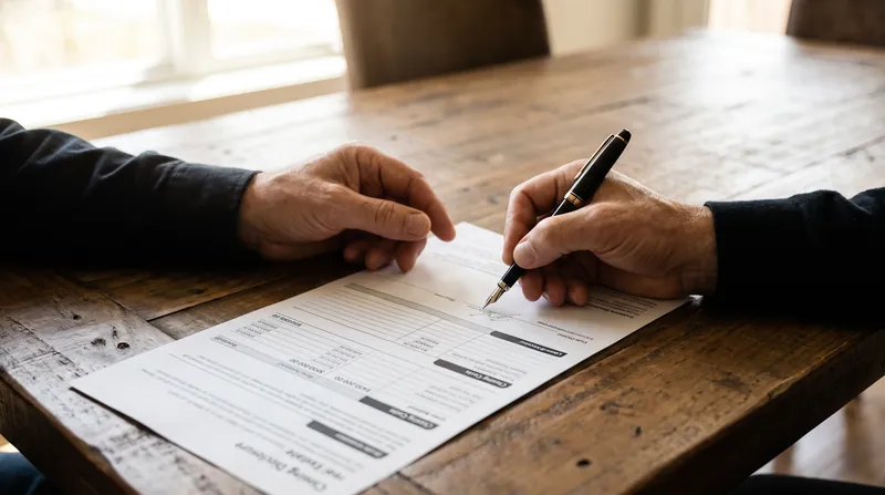 A close-up of a person's hand holding a pen and signing a real estate Closing Disclosure document on a wooden table.