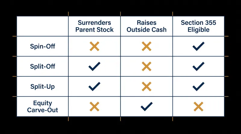 How the mechanical structure of a corporate separation dictates its tax status and capital impact.