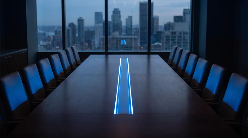 A modern corporate boardroom table split down the middle by a glowing blue light.